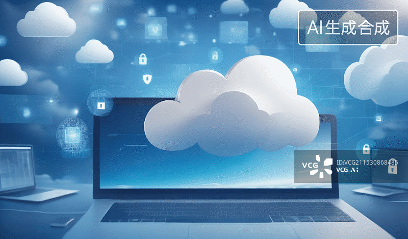 【AI数字艺术】云 电脑 笔记本 计算机 网络 数据 存储 安全 锁 钥匙 技术 创新 数字化 智能 区块云计算技术图片素材