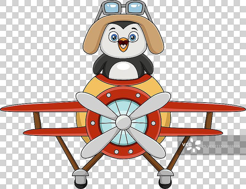 可爱的企鹅卡通人物正在驾驶飞机图片素材