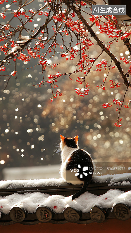 【AI数字艺术】屋檐上的猫，墙头上的猫，梅花腊梅，飘雪图片素材