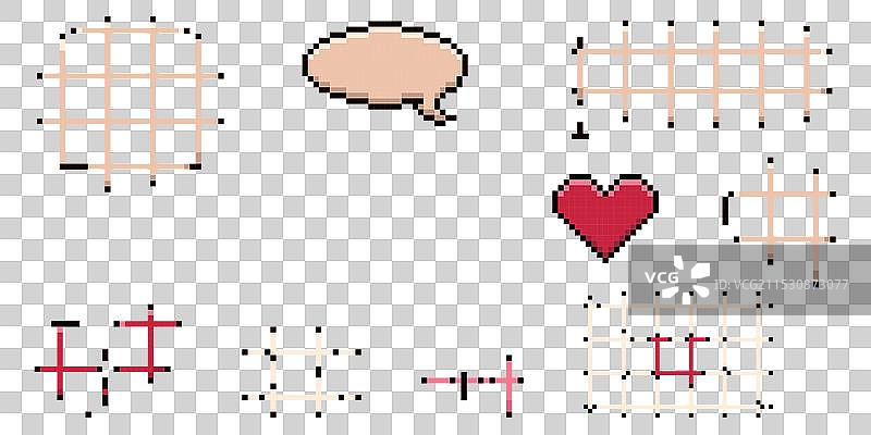 像素艺术对话框的心形、星星和云朵组合图片素材