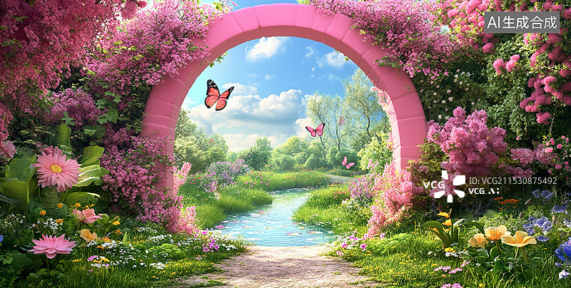 【AI数字艺术】鲜花盛开的梦幻繁花拱形门花径门洞一景插画背景配图图片素材