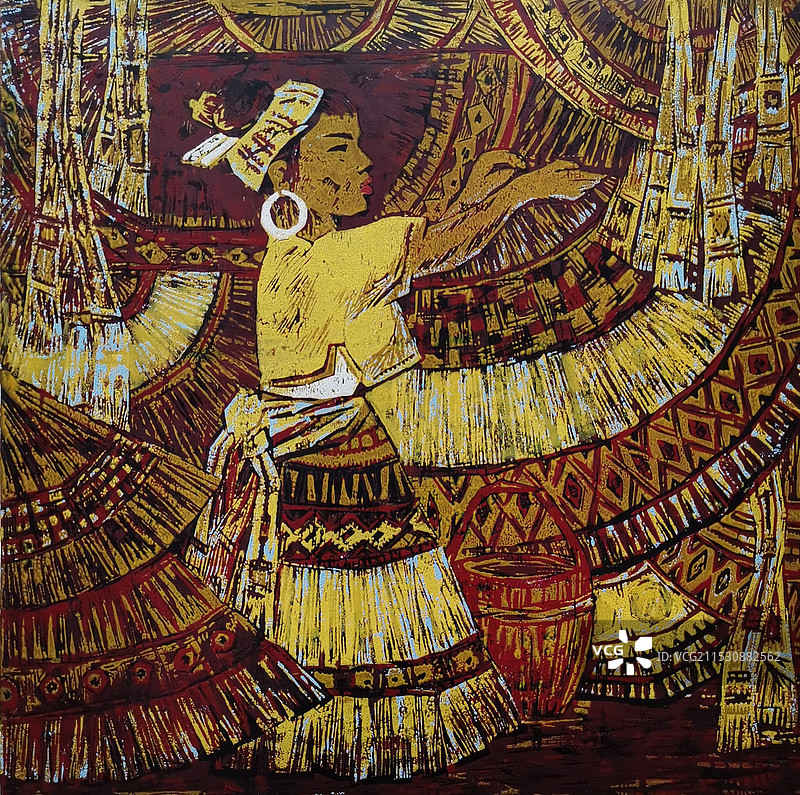 《晒花裙》木版图片素材