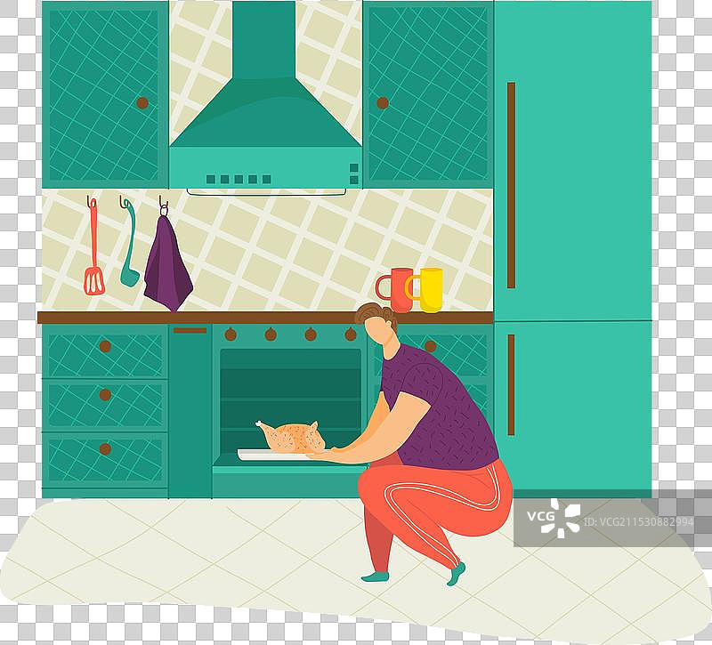 现代厨房中坐着的女性正在烘焙食物图片素材