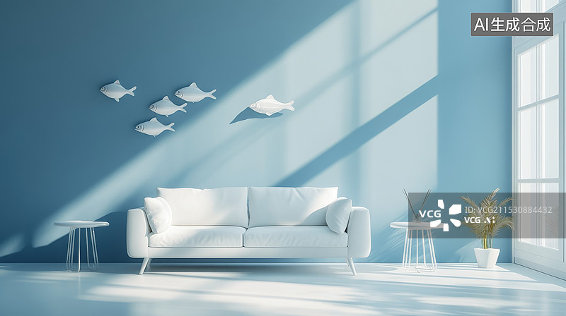 【AI数字艺术】蓝色沙发和客厅卧室图片素材