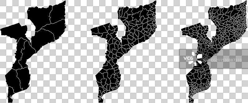 一组孤立的莫桑比克地图，标注各个地区图片素材