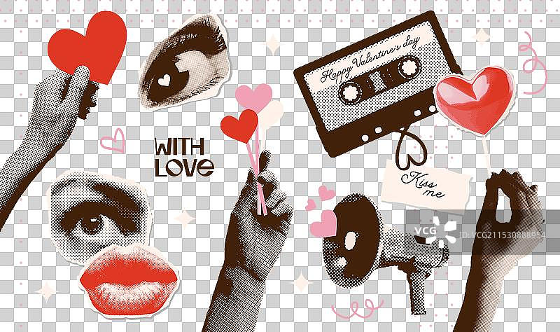 时尚朋克风格的半色调复古拼贴元素套装图片素材