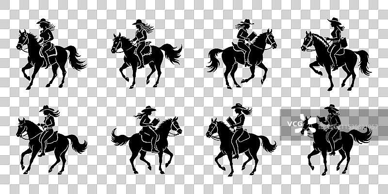 一组骑马的牛仔女孩剪影图片素材