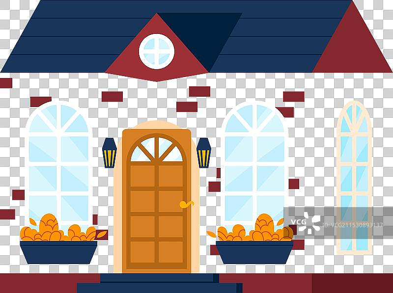 卡通红砖房子前面有蓝色屋顶和门图片素材