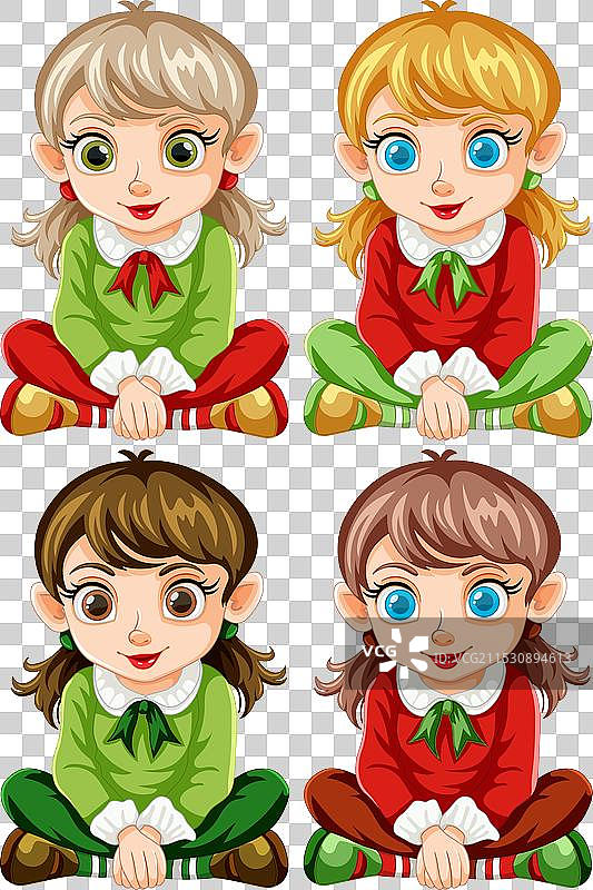 四个不同女孩坐着的卡通画图片素材