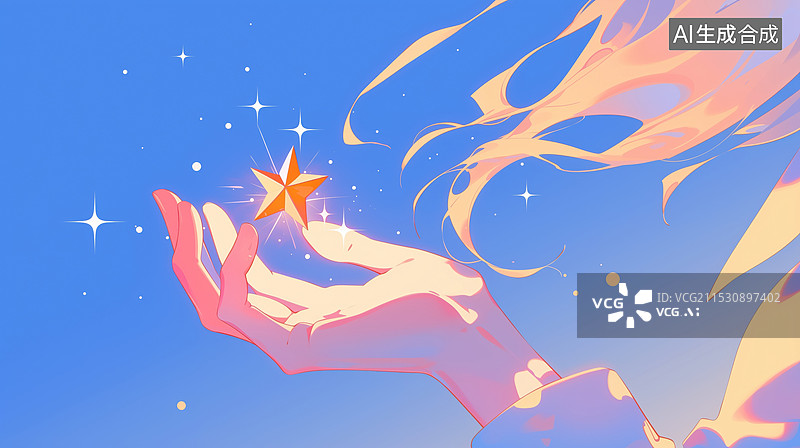 【AI数字艺术】夜晚梦幻手心的明亮星星插画扁平水彩绘画图片素材