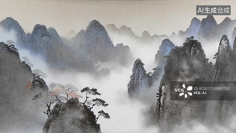 【AI数字艺术】云雾里的中国山水，国画风格图片素材