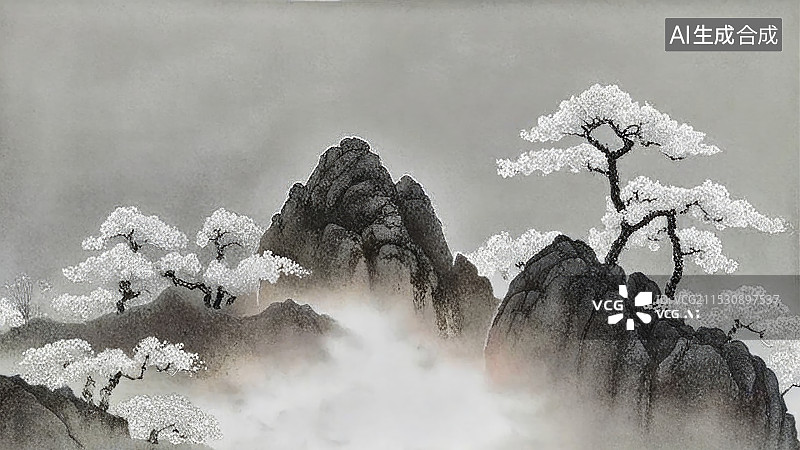 【AI数字艺术】云雾里的中国山水，国画风格图片素材
