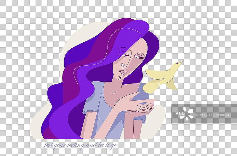 一位年轻女性与一只鸟亲密互动图片素材