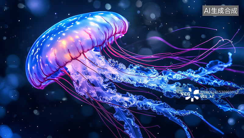 【AI数字艺术】深海里发光水母的特写照片，水母通体透明，触须很长，呈蓝黄色图片素材