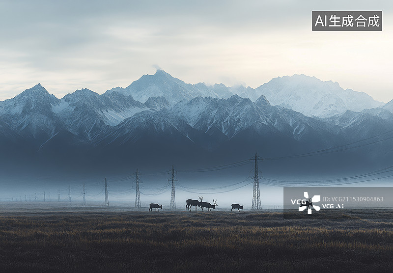 【AI数字艺术】一群驯鹿在广阔的草原上吃草，背景是雄伟的雪山。天空中云雾缭绕，光线透过云层洒下，营造出一种神秘而宁静图片素材