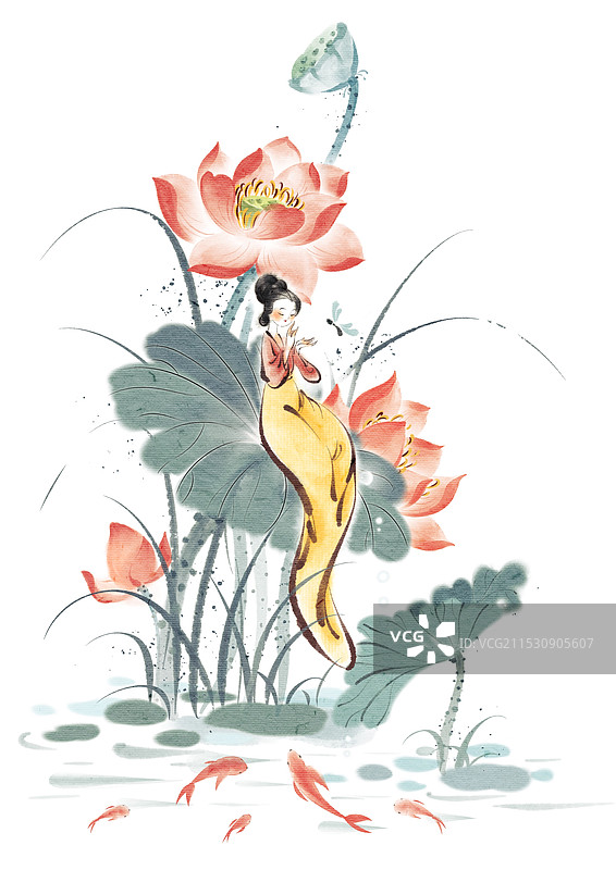 美人坐在荷叶上玩耍锦鲤在荷花池里嬉戏图片素材