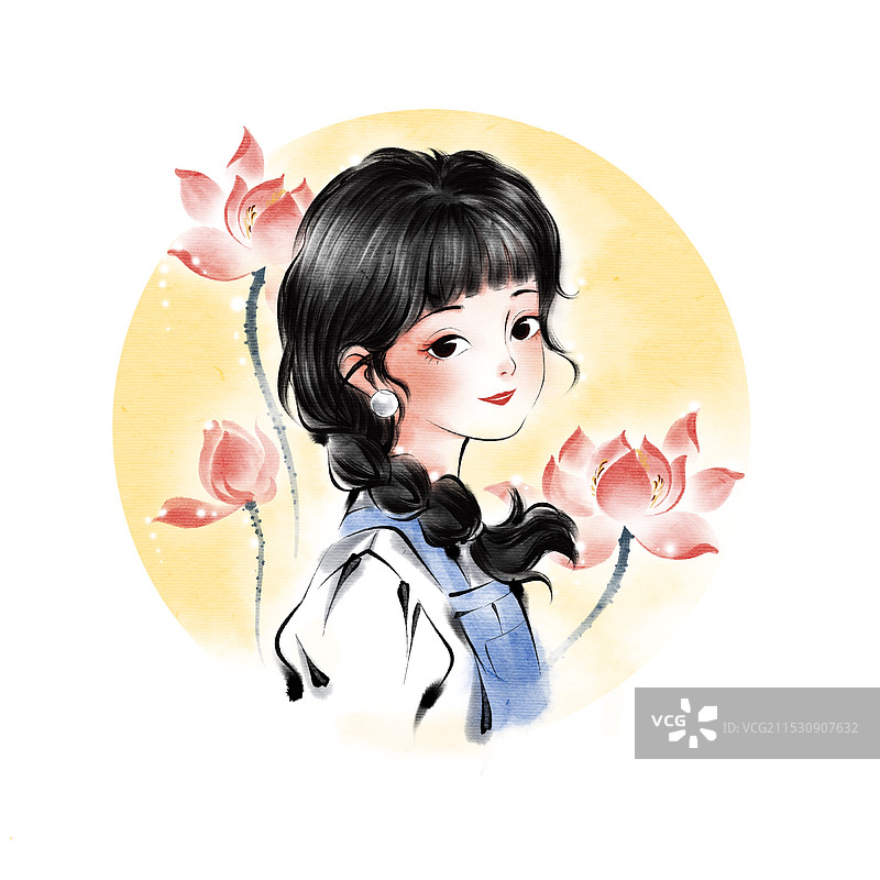 荷花背景下一位带珍珠耳环的少女图片素材