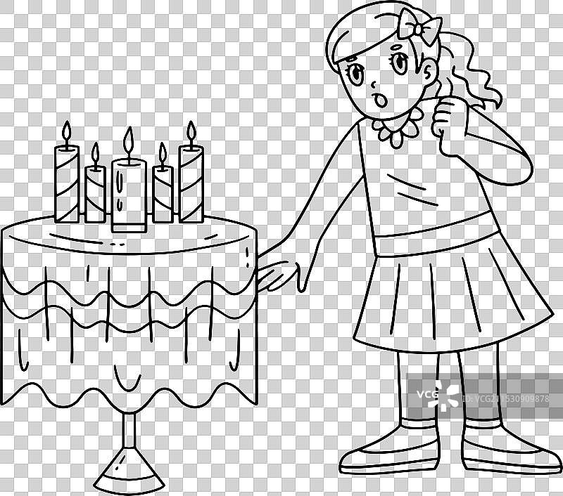 巴特米茨瓦女孩在孤立的背景下吹蜡烛的涂色图图片素材