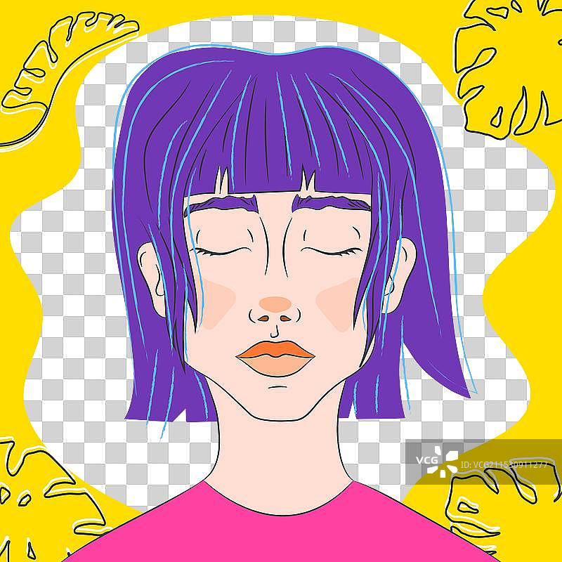 手绘的紫发年轻女性图片素材