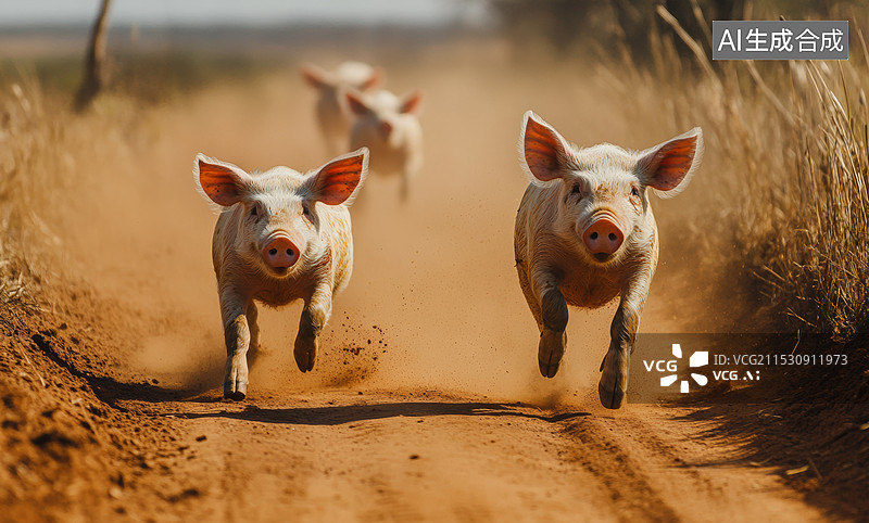 【AI数字艺术】几只小猪在一条土路上奔跑的场景。阳光洒在它们身上，营造出温暖而生动的画面。图片素材