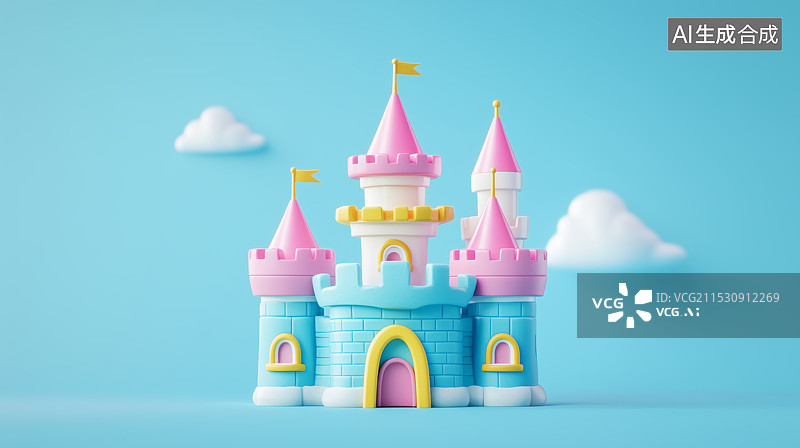 【AI数字艺术】3D蓝色卡通儿童城堡插画元素图片素材