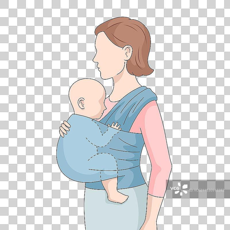 母亲抱着婴儿，使用包裹式背带。图片素材