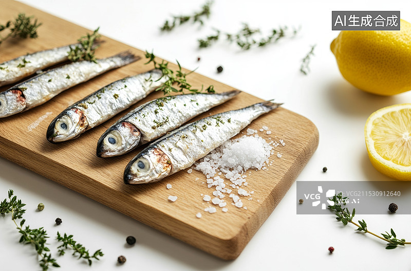 【AI数字艺术】几条新鲜的沙丁鱼，摆放在木制砧板上。砧板周围散落着一些海盐、香草和柠檬片，图片素材