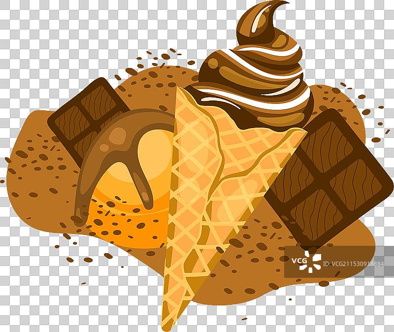 巧克力冰淇淋甜筒，淋上流淌的酱汁图片素材