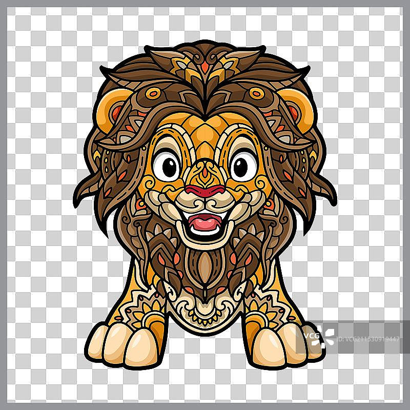 色彩斑斓的可爱狮子卡通曼陀罗艺术图案，独立展示图片素材