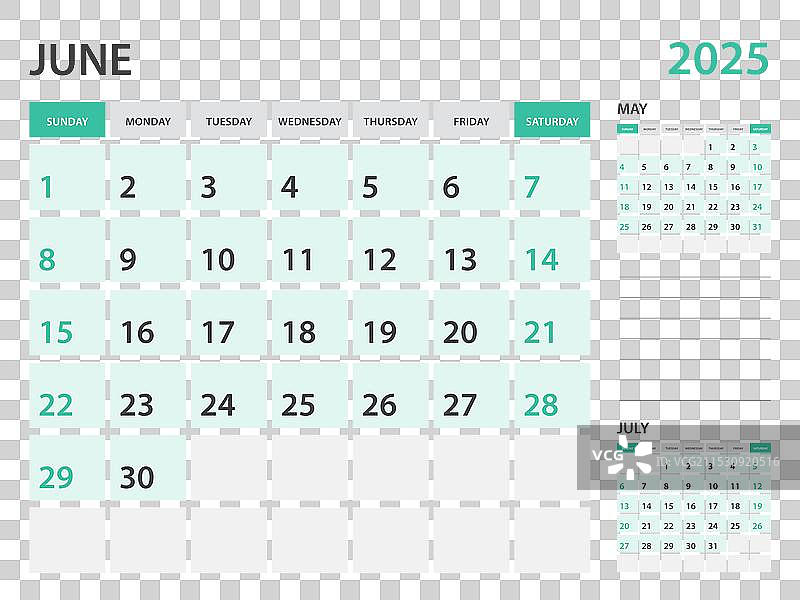 2025年日历模板 - 2025年6月图片素材