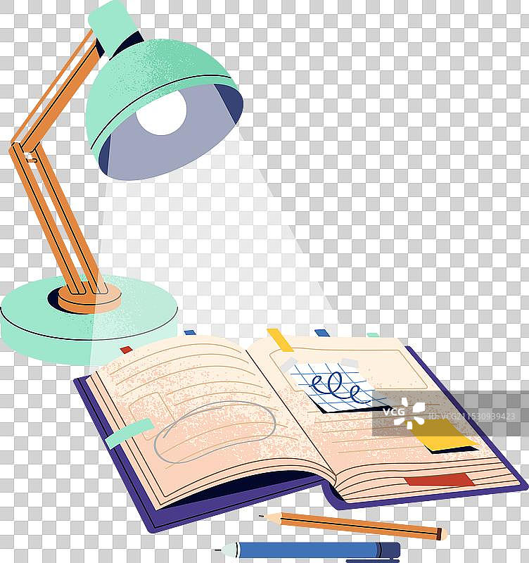 打开的笔记本，上方有桌灯和计划本图片素材