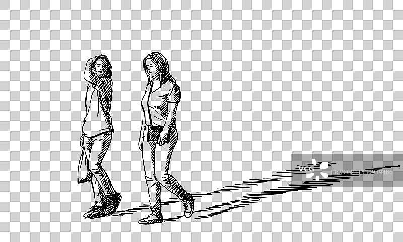 手绘的两个人走路，母亲和孩子图片素材