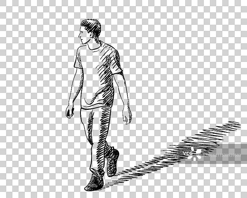 手绘年轻男子穿着T恤走路图片素材