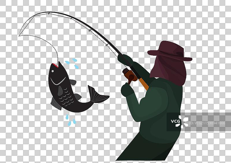 年轻人自豪地举起他的钓竿庆祝胜利图片素材