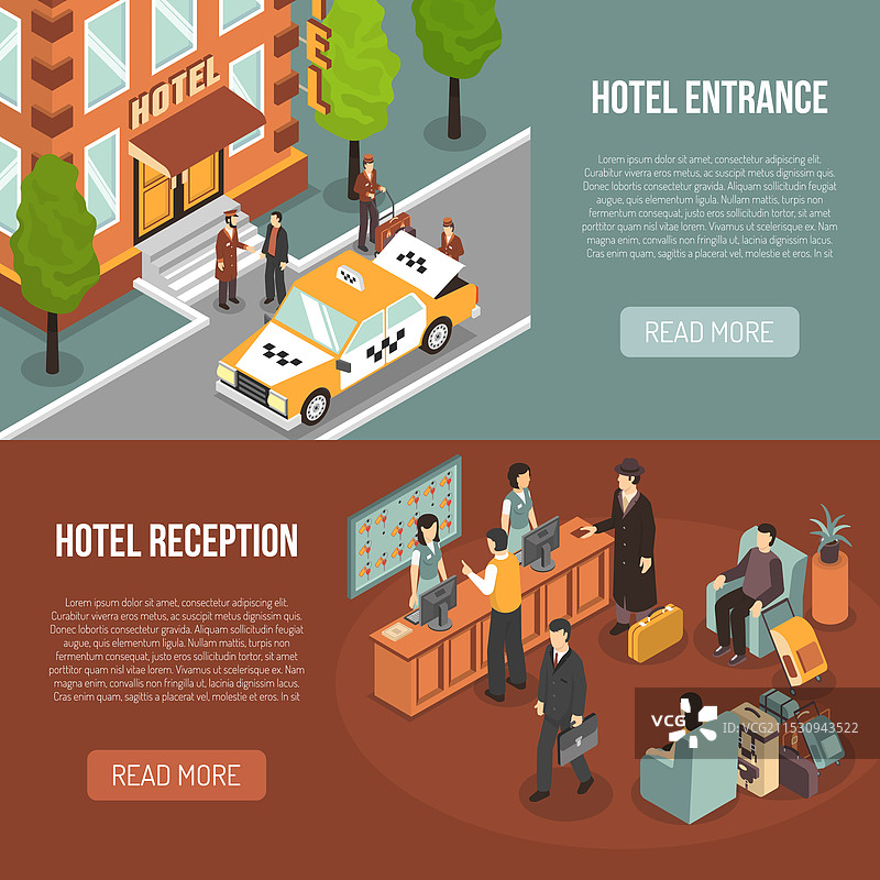 酒店入口接待处的两个等距横幅图片素材