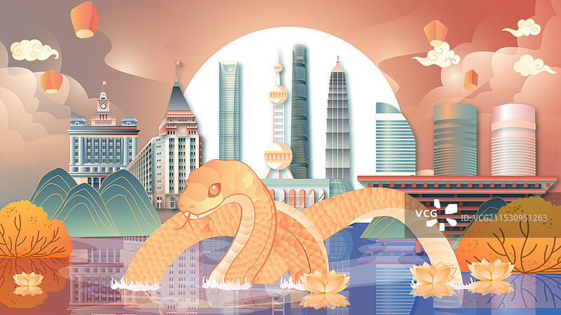 上海蛇年建筑横版矢量插画图片素材
