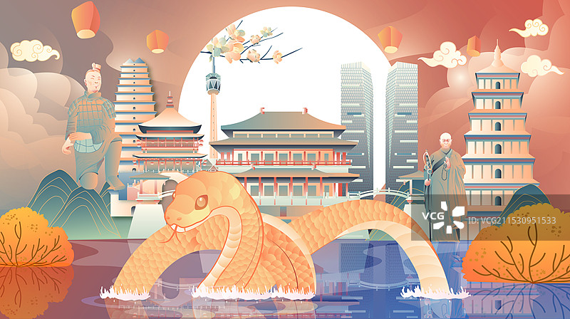 西安蛇年建筑横版矢量插画图片素材