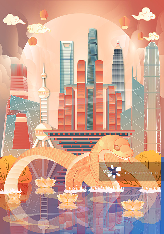 全国蛇年现代建筑竖版矢量插画图片素材