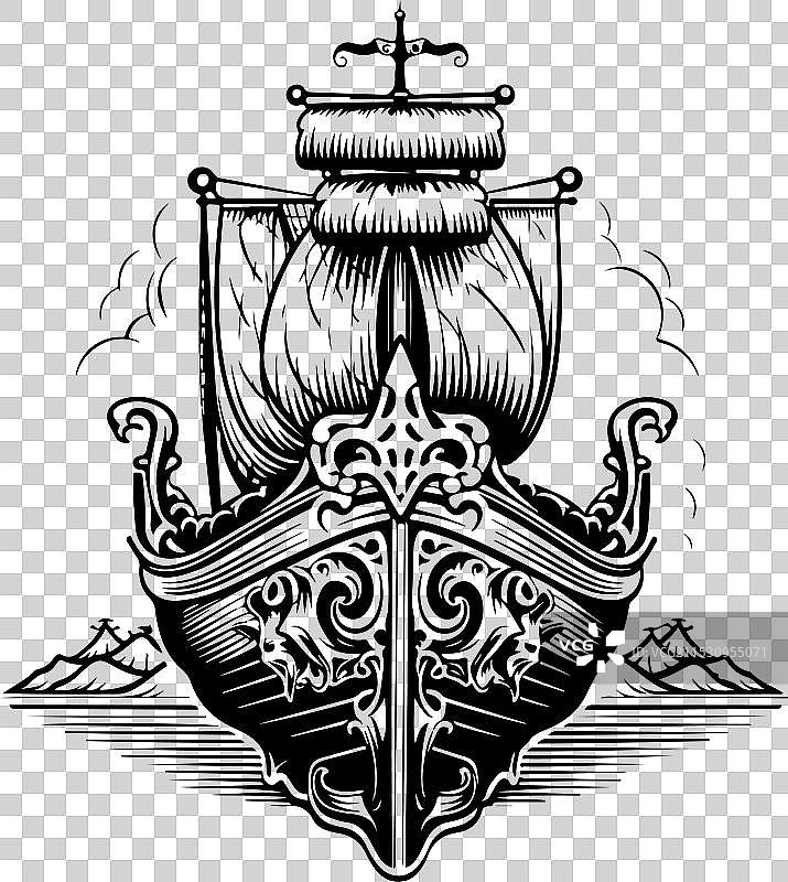 维京船，中世纪的带帆军事船只图片素材