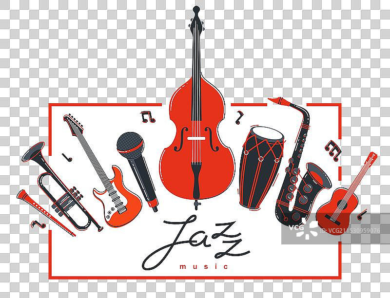 爵士乐队海报，展示不同乐器的扁平设计图片素材