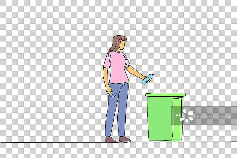 单线条画的女性扔掉废弃塑料图片素材