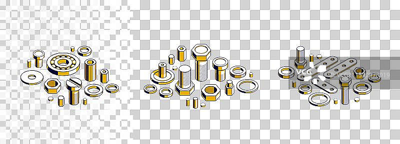 螺栓和螺母 3D 等轴测图集 修理和图片素材