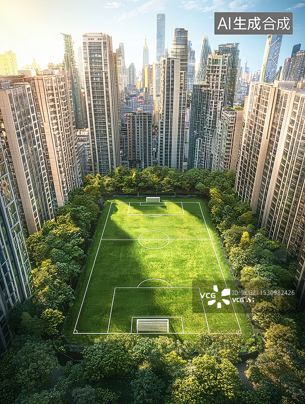 【AI数字艺术】高楼之间的绿色足球场图片素材