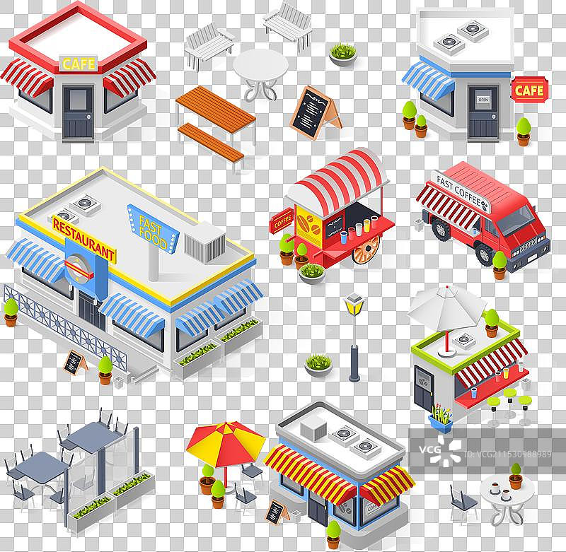 街头餐厅和咖啡馆等距图标集图片素材