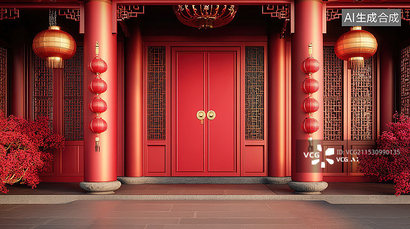 【AI数字艺术】三维渲染红色的中国传统古建筑大门产品展台图片素材
