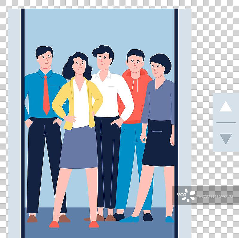 人们在拥挤的办公室电梯里站着图片素材