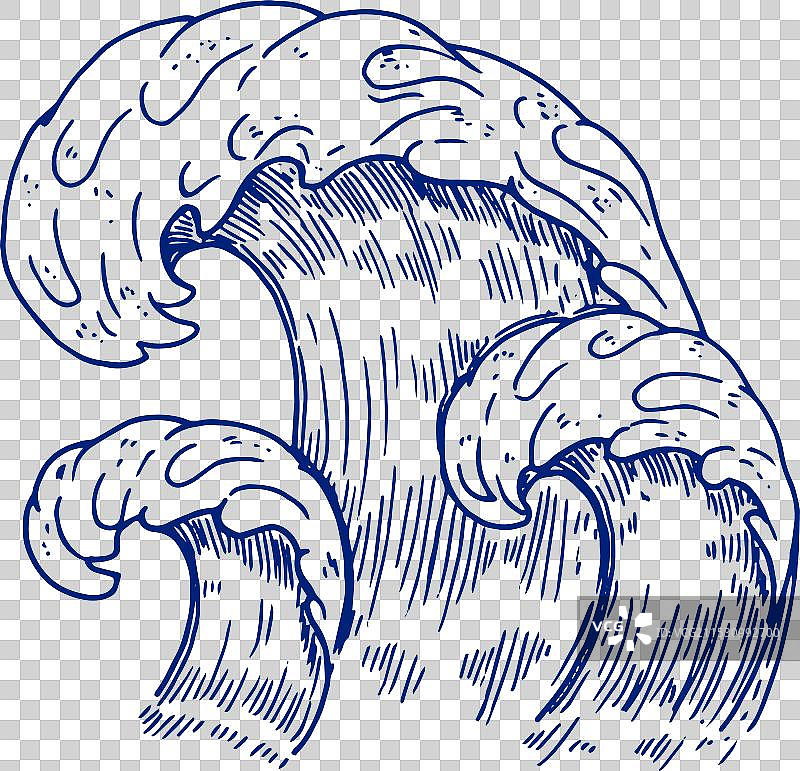 蓝色风暴元素的海浪墨水画图片素材