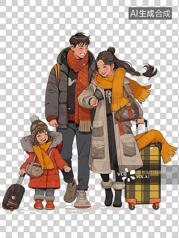 【AI数字艺术】春运主题插画，展现人们带着行李、礼物回家过年的热闹场景，尽显归心似箭之情。图片素材