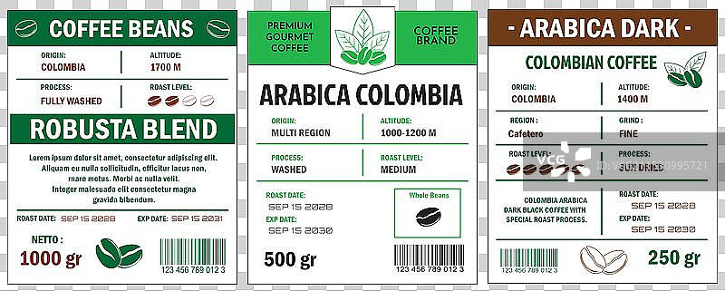 哥伦比亚咖啡标签 - 罗布斯塔混合和优质图片素材