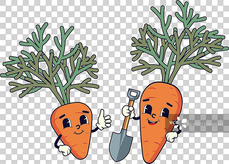 小卡通胡萝卜和大胡萝卜拿着铲子图片素材
